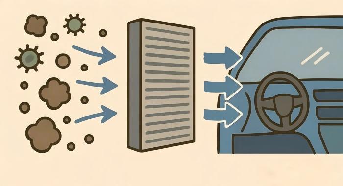 Illustration showing how a car cabin air filter works — trapping dust, pollen, and pollutants before clean air enters the vehicle interior.