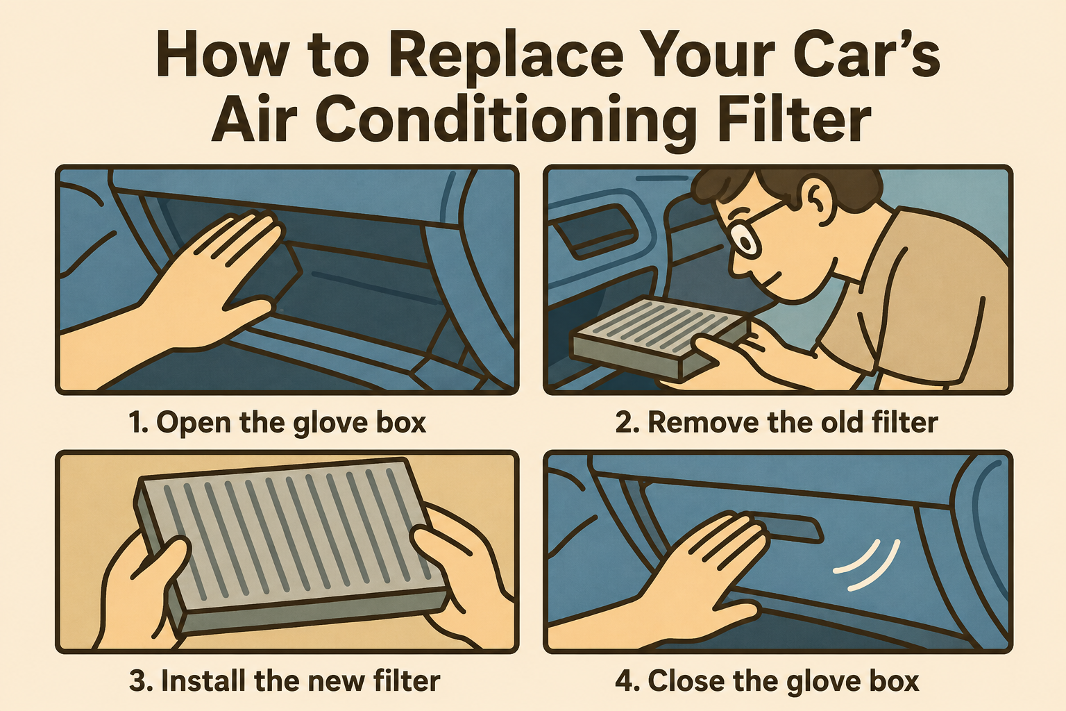 Step-by-step illustration guide on how to replace a car's cabin air filter: open glove box, remove old filter, install new filter, close glove box.